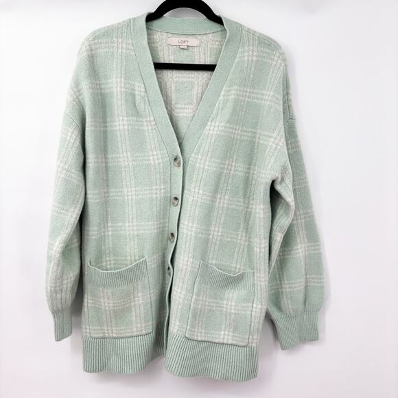 LOFT Oversized Button-Down Cardigan Patch Pockets Green & White Plaid Size L - Picture 1 of 6